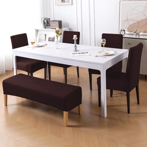 Image of HOKIPO 'SereneSolids' 140 GSM Dining Chair Cover Set of 4 with 1 Bench Cover, Coffee (AR-6282-CFE)