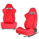 DNA MOTORING 2PCS Racing Bucket Seats with Adjustable Backrest, Single Adjuster and Rail, Compatible with 4 Point Harness, Woven Fabric, Red, RS-JBR-005-RD