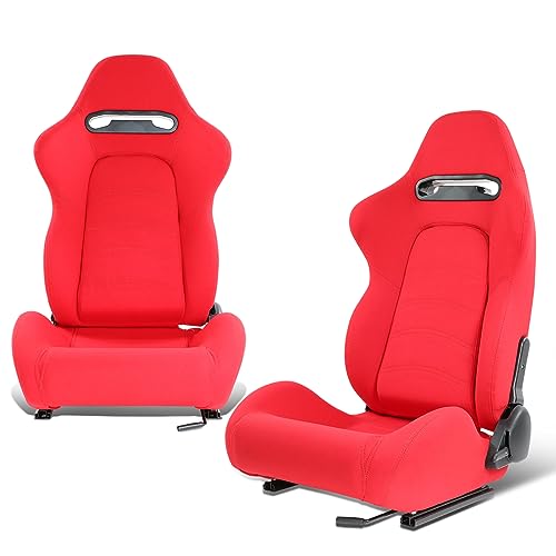 DNA MOTORING 2PCS Racing Bucket Seats with Adjustable Backrest, Single Adjuster and Rail, Compatible with 4 Point Harness, Woven Fabric, Red, RS-JBR-005-RD