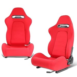 DNA MOTORING 2PCS Racing Bucket Seats with Adjustable Backrest, Single Adjuster and Rail, Compatible with 4 Point Harness, Woven Fabric, Red, RS-JBR-005-RD