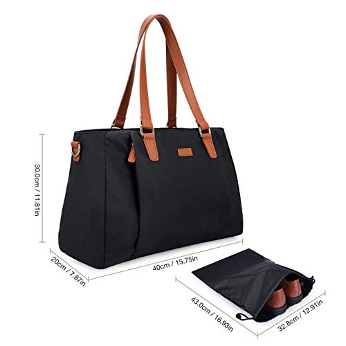 ECOSUSI Weekender Bag Travel Bag 25L Nylon Overnight Duffle Bag Carry On Bags for Airplanes with Trolley Sleeve, Shoe Bag, Wet Pocket Fits for 15.6 inch Laptop, Black