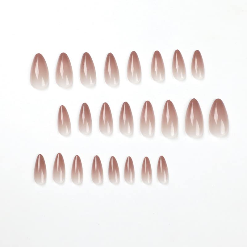 Glossy Artificial Nails, Pointy Stiletto Style, Nude Pink Color with Crystal Rings, Almond Shape