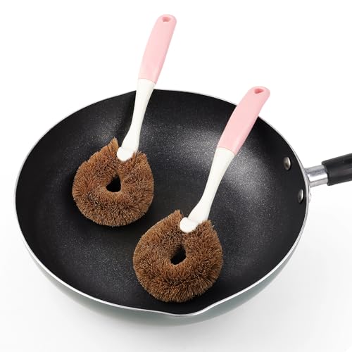 Image of 2 Pack Kitchen Scrub Brushes for Cleaning Dish Brush with Handle for Pans, Pots, Kitchen Sink Cleaning Scrub Brushes (Coconut Fiber)