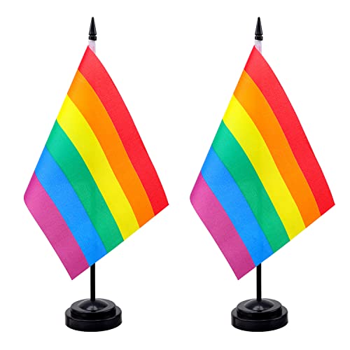 Fwiw Rainbow Pride Flag Rainbow Desk Flag Small Mini Rainbow Gay Lgbt Office Table Flags With Stand Base,Rainbow Mardi Gras Themed Party Decorations(2Pack) #TOP18