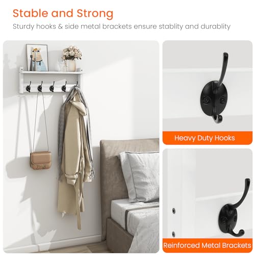 Image of Homode Wall Shelf with Hooks, Coat Rack Wall Mount with Pegs, Hanging Entryway Coat Hanger, Wood and Iron Shelf for Bathroom, Hallway, Bedroom, White