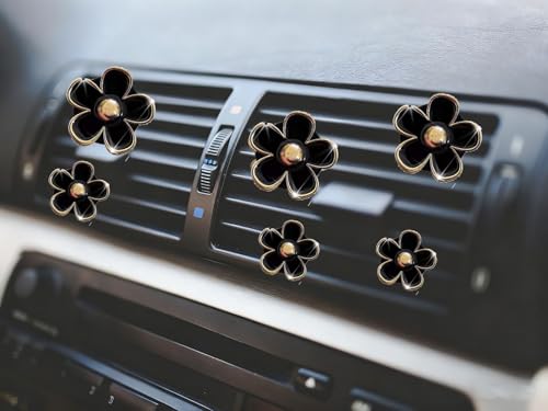 Image of 6pcs Daisy Flower Car Air Vent Clips with Fragrance Pads, Black | Car Air Outlet Freshener Clip, Charm Car Inter Decor, Air Conditioning Outlet Clip Car Air Freshener Dashboard Accessories