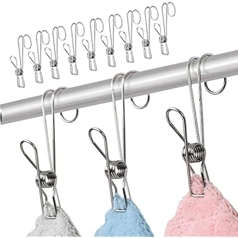 Mytlp Clothes Pins 12 Pack 304 Stainless Steel Metal Long Tail Clip with Hooks Clothes Pins Hanging Universal Clips for Kitchen Bathroom Office Cover