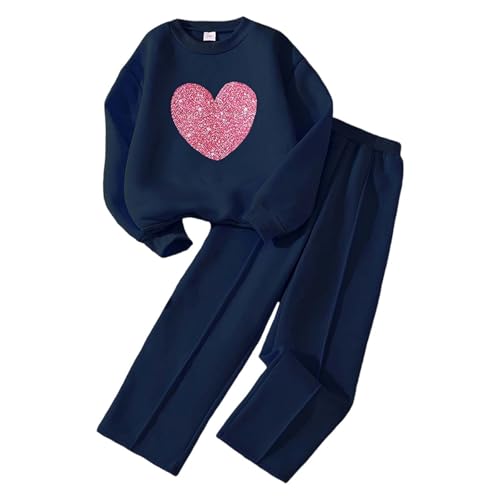 Genérico Chándal de polar para niñas, camiseta de manga larga con pantalones anchos, atuendo para niños grandes, ropa informal cómoda (Navy, 8-9 Years)