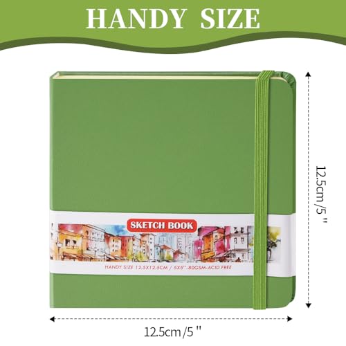 Image of 5x5 Pocket Sketch Book,80gsm Hardcover Art Sketchbook for Drawing Journal | PU Cover,Blank Paper,96Sheets /192Pages,Lay-Flat,Portable Travel Creation Paint Diary Memo Planner,Dry Media.Green