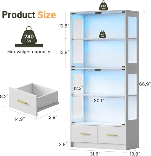Image of Lamtor Display Cabinet with Glass Doors - 67 inch Curio Cabinet for Collectibles with RGB LED Lights and 2 Drawers, 4 Tier Glass Display Case for Living Room, Office, White