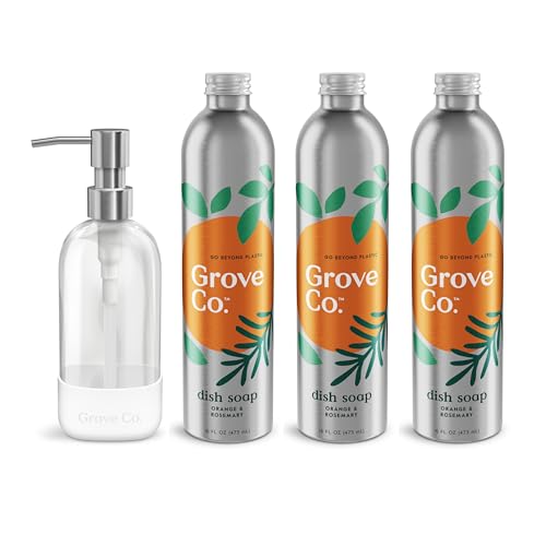 Grove Co. 究極の食器用洗剤詰め替え用 (3 x 16液量オンス) + 詰め替え可能なガラスディッシュソープディスペンサー キッチンシンク用 滑り止めシリコンスリーブ付き プラスチックフリー クリーニング製品 オレンジ&ローズマリー
