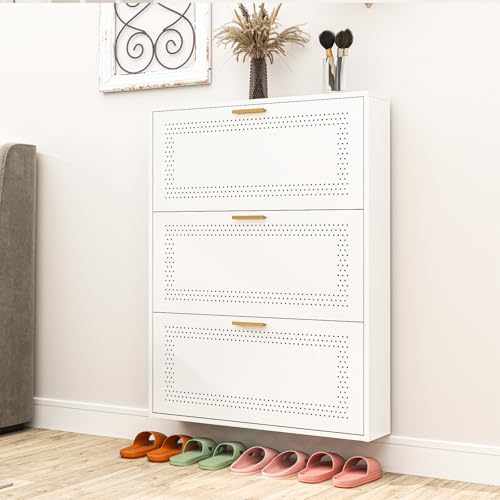 BECHAEO Slim Metal Shoe Cabinet with 3 Flip Drawers Narrow Shoe Storage Cabinet Breathable Hidden Shoe Rack Organizer for Entryway Hallway Entrance Living Room