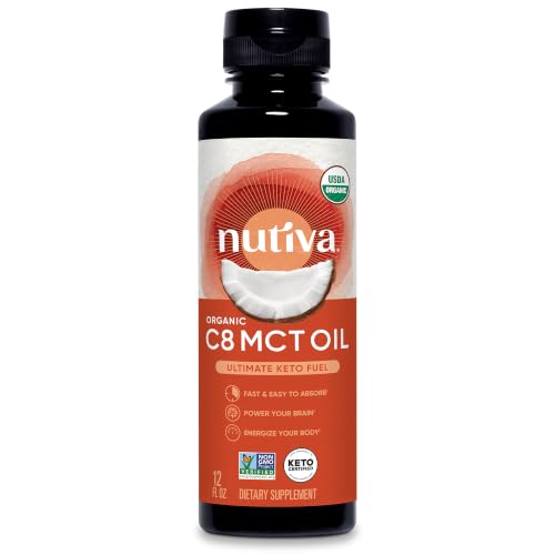 Nutiva Organic Liquid MCT Oil C8- Unflavored - Perfect for Coffee, Shakes, Salads, and More - Great for Vegan, Whole, Paleo, and Keto Diet - Extracted From Coconut - 12floz
