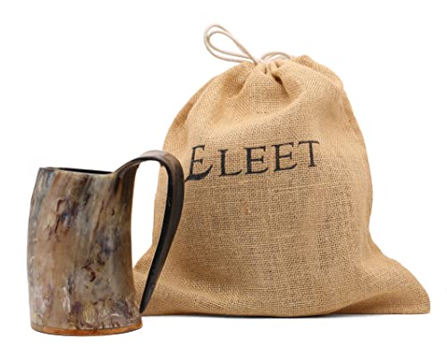 Eleet Original Viking Drinking Horn Mug - 20 Oz Wood Base Extra Large Medieval Inspired Cup Unpolished Natural & Real Horn Tankard (20 Oz Jumbo Unpolished)