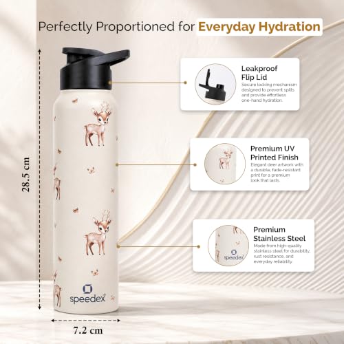 Image of Speedex Stainless Steel Water Bottle 1 Ltr (1000ml), BIS Approved, Leak-Proof Sipper Cap, Baby Deer Printed Design, Office, School, Travel, Daily Use, Men, Women, Boys, Girls, Kids, Set of 3