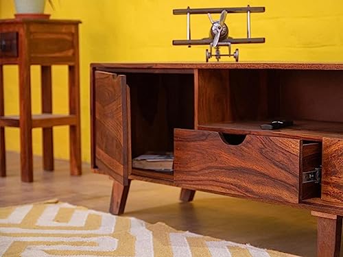 Image of THE WOODEN CITY Solid Sheesham Wood TV & Entertainment Unit for Living Room & Hotel Room and Office Furniture (Finish- Honey Teak, 68Wx16Dx19H- Inches)