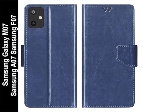 Image of SBMS Flip Cover for Samsung Galaxy M07 / Samsung A07 / Samsung F07 Back Cover Case with Magnatic Closure | Inbuilt Stand | Card & Money Pocket for Samsung A07 (Blue)