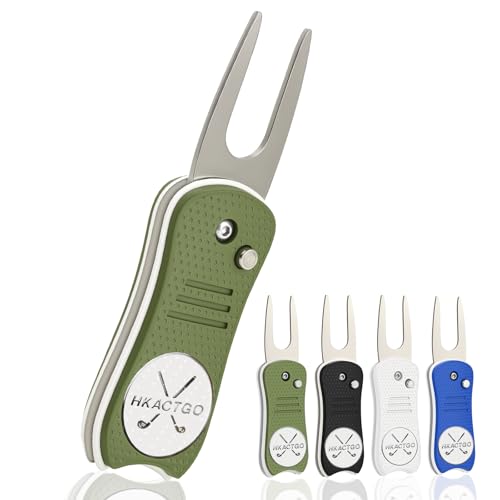 HKACTGO Golf Divot Repair Tool with Premium Metal Gift Box Heavy Duty 2-Layer Stainless Steel & ABS Thicker & Harder Prongs Foldable Magnetic Ball Marker