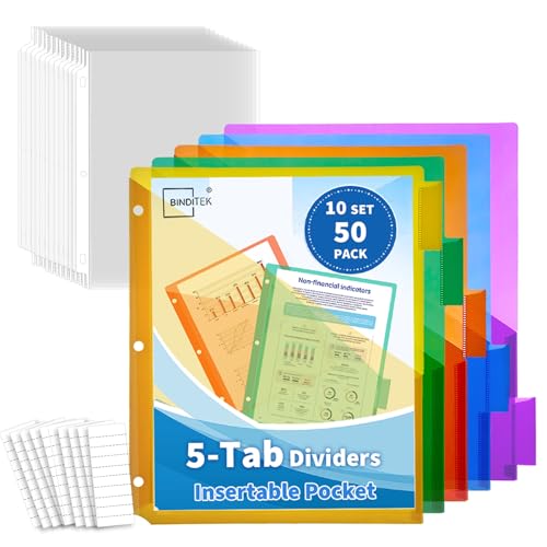 Binditek 2-in-1 Binder Organizer Set, 5-Tab Dividers with Pockets (10 Sets, 50 Tabs Total) + 50 Heavy-Duty Clear Sheet Protectors, Letter Size, for 3-Ring Binders, Color-Coded Filing System