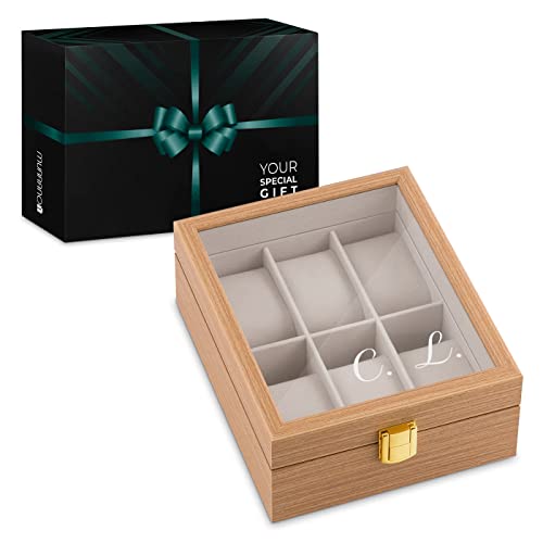 MAVERTON Boîte à 6 montres avec gravure - Coffret à montres en bois avec fenêtre personnalisée - 20x16,5x8 cm - Cadeau pour femme - Pour anniversaire d’amie - Initiales Cover