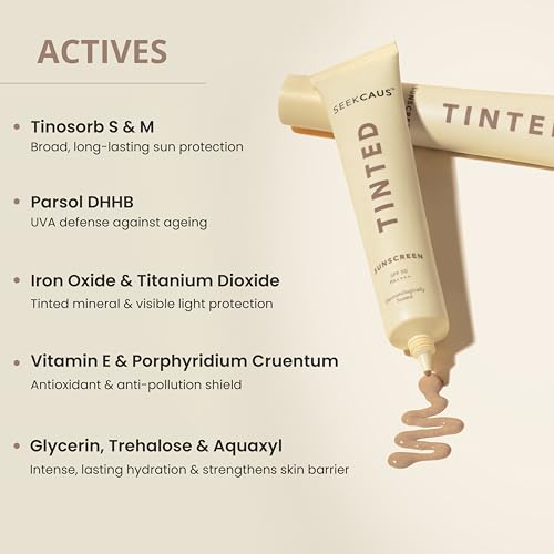 Image of Seekcaus Tinted Sunscreen SPF 50 PA++++ for Men & Women | Broad Spectrum UVA UVB & Blue Light Protection | Non-Sticky Non-Greasy Water & Sweat Resistant | No White Cast | Dermatologist Tested | Suitable for All Skin Types | 50 g