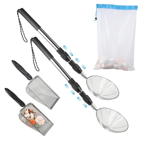 PAMISO Beach Sand Sifter, 2 Beach Sifting Sand Telescoping Pole Sets with Scoops, Baskets, Mesh Bag, for Picking Up Shells Shovels Shark Teeth