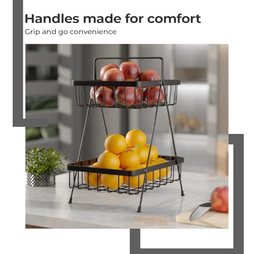 Image of Lifelong 2-Tier Fruit Basket Stand for Kitchen & Dining Table|Black Metal Wire Organizer for Fruits, Vegetables & Snacks |Countertop Storage Rack with Baskets |Vertical Storage for Pantry & Home Decor