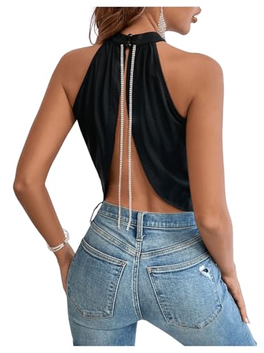 GORGLITTER Women's Rhinestone Open Back Halter Tops...