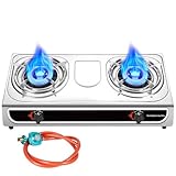 Llamaviva 2 Burner Gas Stove, Portable Propane Cooktop 23,000 BTU Stainless Steel Camping Stove with Gas Hose and Auto Ignition for Outdoor Cooking