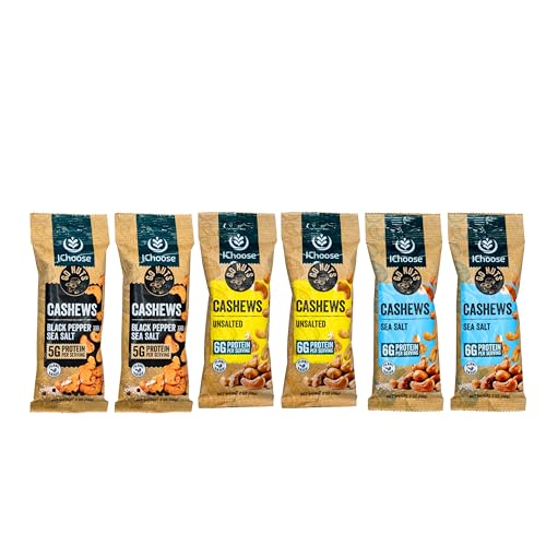 Image of IChoose Cashews Variety Pack, 2 oz Individual Snack Packs (6 Count Trio Mix) - Sea Salt, Black Pepper, Unsalted Whole Cashews . Plant-Based Protein . Travel & Office Snacks . Gluten Free