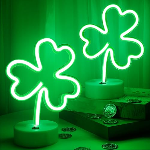 2 Pack St Patricks Day Decorations Neon Signs with Holder Base, USB or Battery Operated Neon Light Green Lucky Clover Lights, LED Table Decoration for Bedroom Indoor Wedding Kids Room Birthday Party