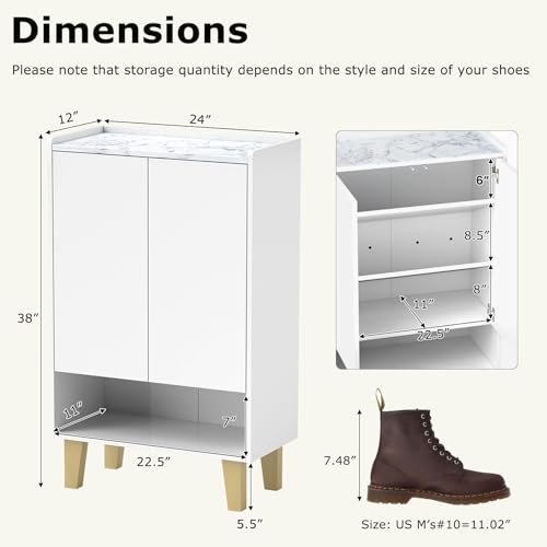 Image of Giantex Shoe Cabinet with Doors, 5-Tier Freestanding Entryway Shoe Storage with Faux Marble Countertop & Open Storages, 38 inch White Shoe Storage Cabinet for Entrance, Hallway, Living Room