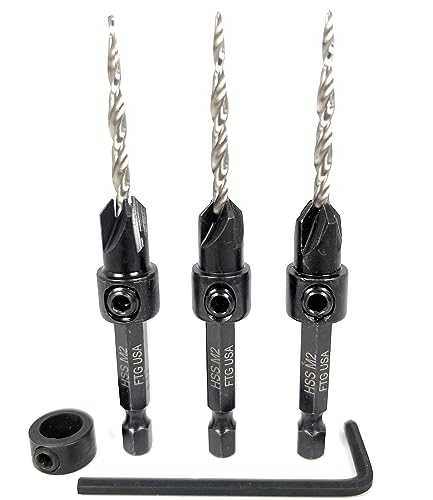 Image of FTG USA #6 (9 /64 inch) Wood Countersink Drill Bit 3-Pc Set with 3 /8 inch Depth Stop