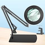 HITTI 12X Magnifying Glass with Light and Stand, 2-in-1 LED Lighted Magnifier Large Base & Clamp, 3 Color Modes Stepless Dimmable Magnifying Lamp, Adjustable Swing Arm for Repair Crafts Soldering