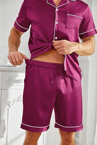 Vssjavun Mens Satin Silk Pajamas Sets Short Sleeve Button-Down Sleepwear Two Piece Loungewear with Pockets