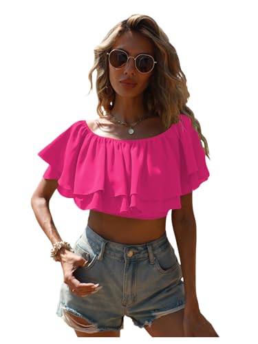 OYOANGLE Women's Off Shoulder Short Sleeve Ruffle Blouse Summer