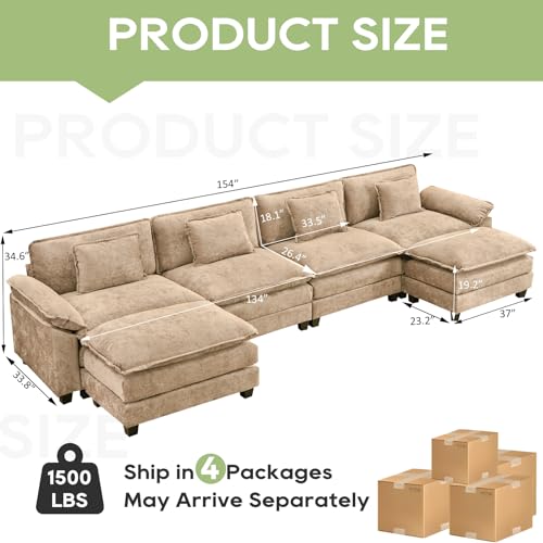 Image of Oprisen 154 inch Modular Sectional Sofa, Comfy Cloud Couch Sectional Sofa with Ottoman, Chenille Sofa Sleeper Deep Seat Sofa with Throw Pillows for Living Room (Khaki, 154 inch- U Shape)