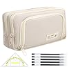 Large Capacity Pencil Case Cute Capacity Pencil Case with 3 Compartment with 5 Pen 1 Ruler for Girls Boys Teens Student Women Men (Cream)