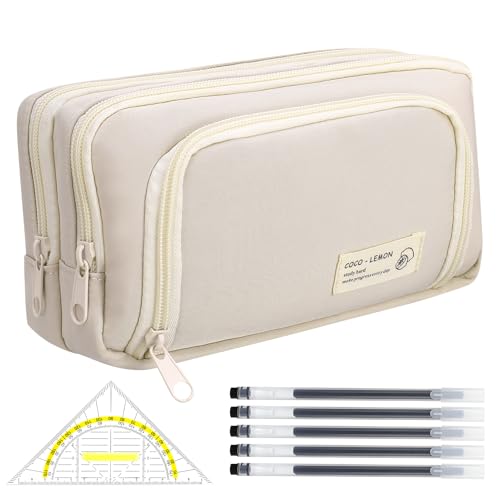 Halinuia 7 Pcs Federmäppchen Groß, Mäppchen Aesthetic mit 1 Dreieck Lineal 5 Stifte,Federmappe mit 3 Fächer Pencil Case für Jungen, Mädchen, Schüler und Erwachsenefür Schule Büro (Weiß)