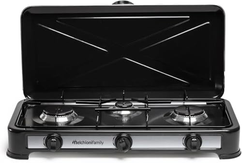 Melchioni Family | Hornillo de Camping 3 Fuegos Negro MINERVA 3, Gas GPL, Tapa Protectora, Parrilla y Quemadores Extraíbles, Estructura de Acero Esmaltado