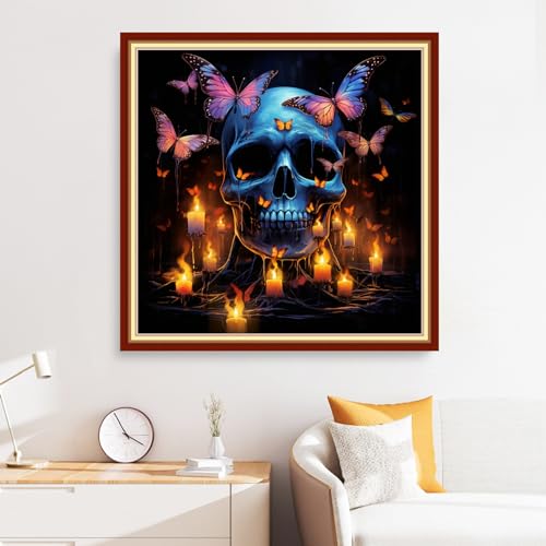 Image of Disxvivy Cross Stitch Stamped Full Embroidery Kits DIY 11CT Cotton Thread Printed DIY Needlepoint Kits Craft Needlework Set Cross-Stitch Stamped Sets-Skeleton Butterfly 18x18 inch