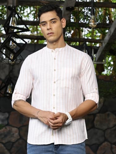 Image of Thomas Scott Men's Slim Fit Cotton Linen Casual Shirt with Mandarin Collar | Vertical Stripes | Three-Quarter Roll-Up Sleeves