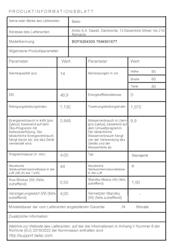 Beko Beko BDFN26430S Geschirrspüler 60 cm, freistehend, unterbaufähig, für 14 Maßgedecke, 6 Programm, 4 Zusatzfunktionen, 3 Spülebenen, HygieneIntense, SelfDry, Programm für Halbe Beladung, Silber - Zusatzansicht 10 | Einbau-Geschirrspüler