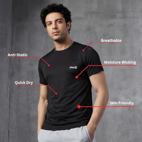 Image of playR Men's Polyester Adult Training Tee - Round Neck Half Sleeve Regular Fit DRIVENT, Lightweight Breathable Activewear for Gym Running Workout Yoga All Season