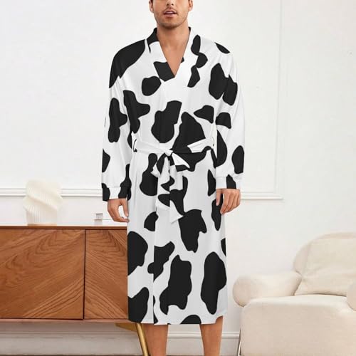 Cow Pattern Print Soft Robe Long Sleeve Bathrobes V Neck Sleepwear Spa Robes with Belt Men Woman2