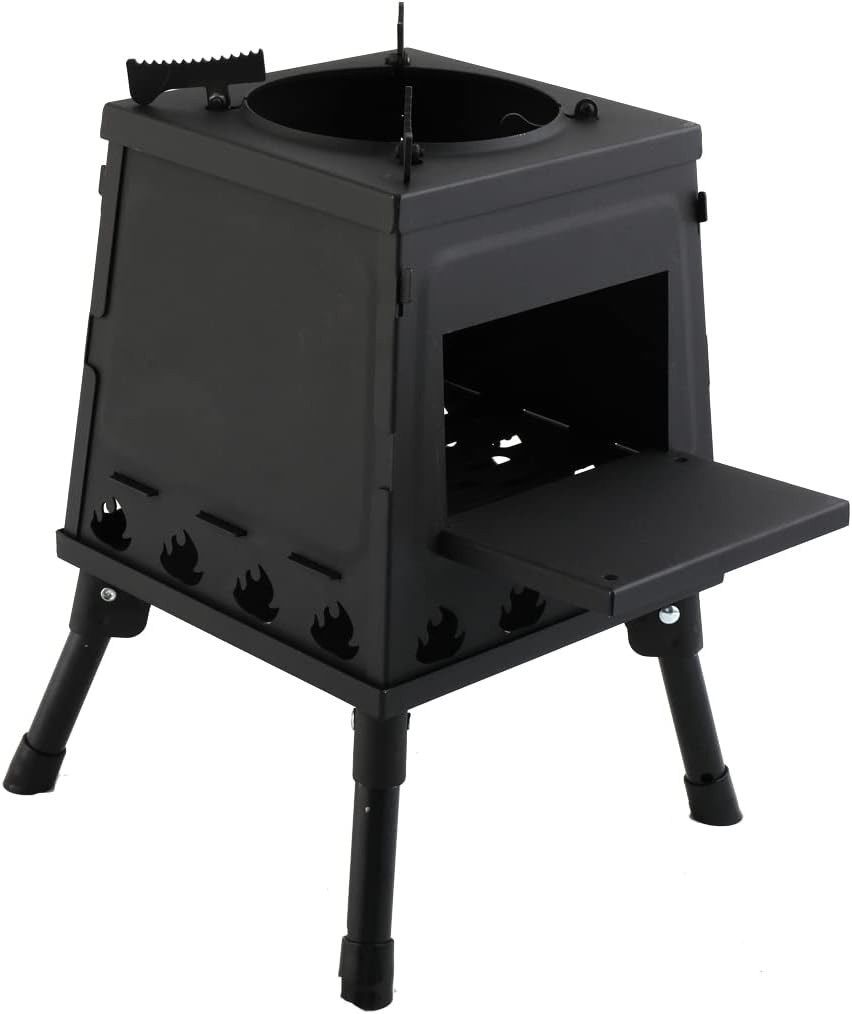 Outdoor Camping Stove Camp Tent Stove, Portable Folding Wood Burning Stove for Tent, Shelter, Backpacking, Hiking, Camping Traveling Heating and Cooking (Small, Black), (CHL-LMJPQ-007@ZHHW14)