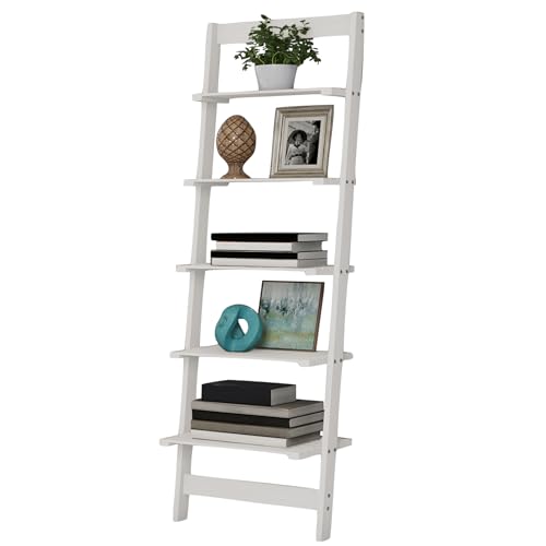 5-Tier Ladder Shelf - 50-Inch Narrow Leaning Bookshelf - Wooden Bookcase for Living Room, Bathroom, Kitchen, Office, or Bedroom Furniture by Lavish Home (White)