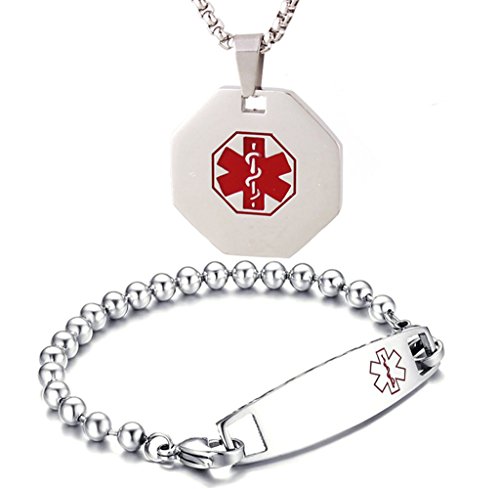 W&W Lifetime 2 Herren Damen Medical Schild Diamant Form Dog Tag Anhänger Halskette ID-Armband Schmuck Set, 58,4 cm Kette Cover