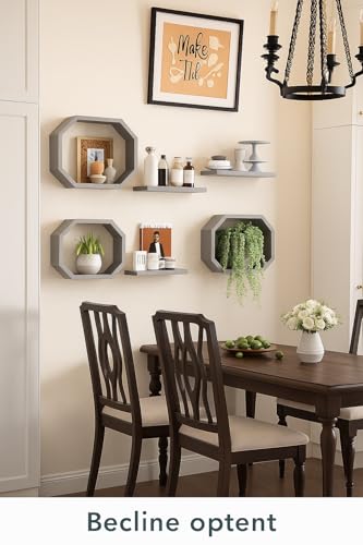 Image of Wall Mounted Floating Shelves Set of 6, Multipurpose Display, Book, Storage & Decor Shelves, Octagon Shape Wooden Wall Shelf for Living Room, Bedroom, Kitchen (Grey)