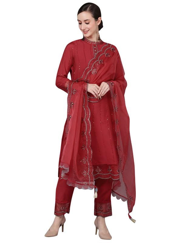 Image of Vaamsi Women's Poly Silk Solid Straight Kurta Pant With Dupatta | kurta sets for woman